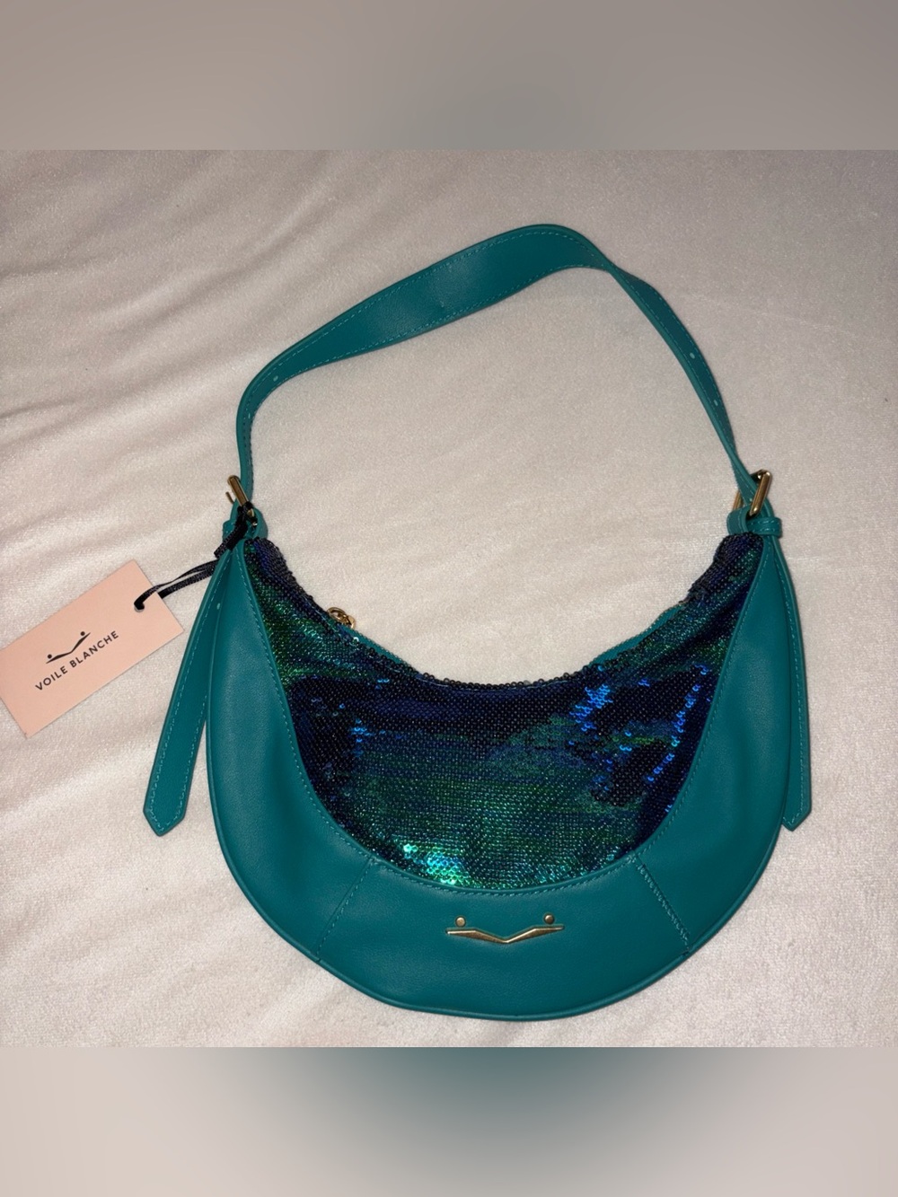 NWT VOILE BLANCHE CLUB Forest Green and Blue Sequins Shoulder Bag - Picture 3 of 10